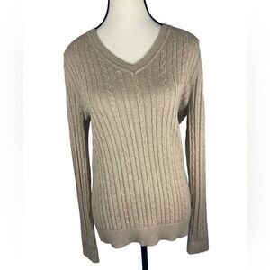 Sonoma‎ Beige Khaki Cotton cableknit Knit vneck lightweight  Sweater Sz M